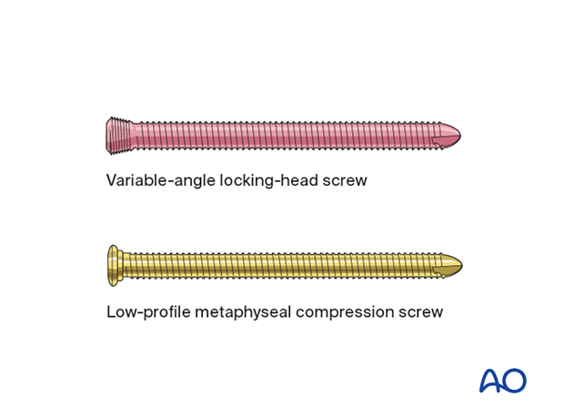 VA-LCP locking screw and low-profile metaphyseal compression screw