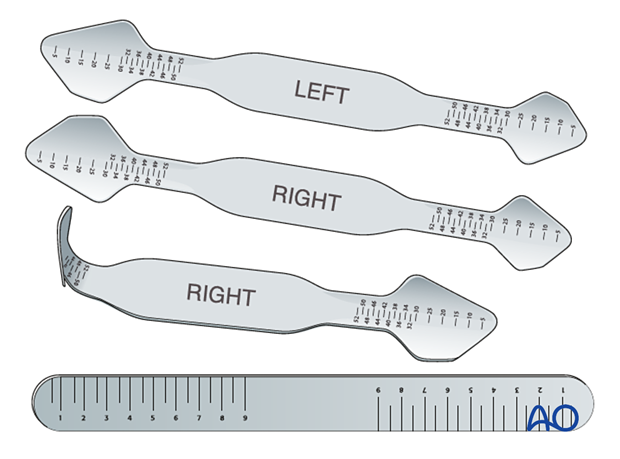 Malleable orbital retractors with metric markings providing additional information about the extent of the fracture and the depth of the orbital dissection.