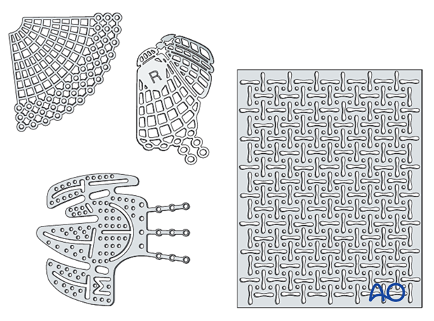 Variety of titanium mesh plates used in orbital reconstruction.