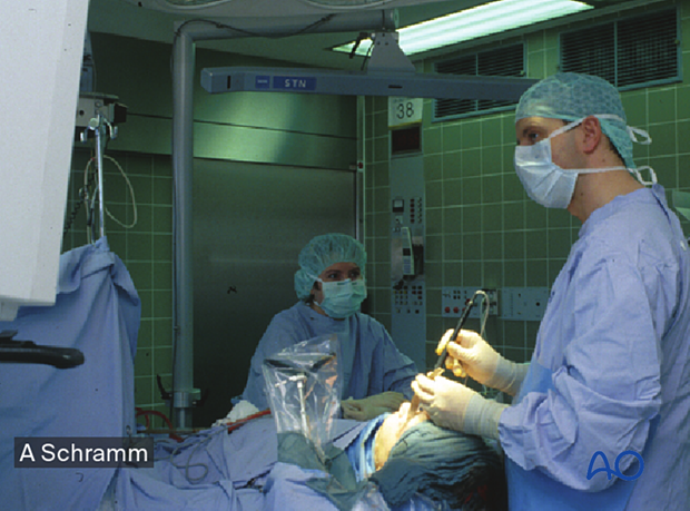 Clinical photograph showing tracking with a dynamic reference frame – computer assisted surgery.