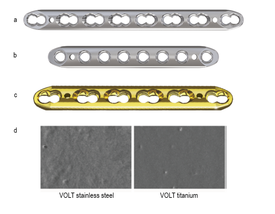 Standard 8-hole VOLT 2.7 mm plate with combi holes and compact 8-hole VOLT 2.7 mm plate. Electropolishing VOLT titanium implants generates a surface smoothness similar to stainless steel.
