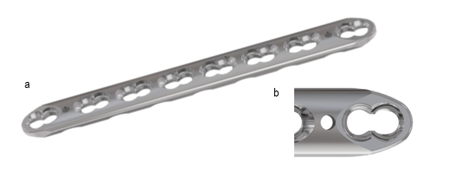 Straight plate with K-wire holes and tapered tips to support insertion. The holes at either end of the plate are very close to the tip.