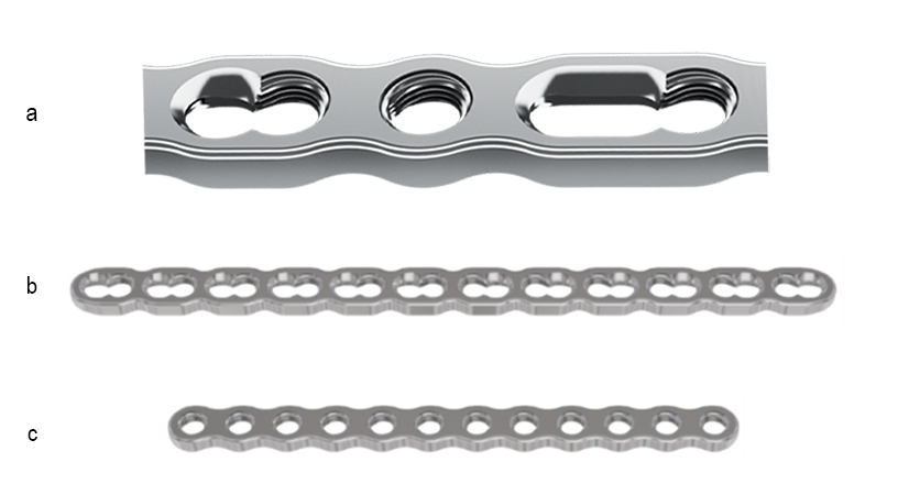 (a) Adaption plate profile with various hole options.  (b) 12-hole adaption plate with combi hole and (c) 12-hole adaption plate compact version.