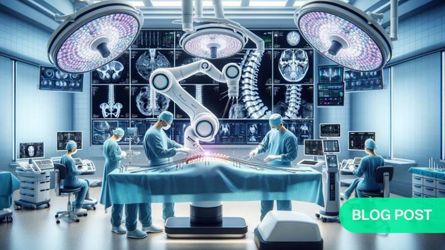 Artificial intelligence (AI) in spine surgery, high-tech operating room with robotic systems assisting surgeons, by DALL-E